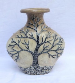 DKD Home Decor Jarrón de Cristal y Terracota con Diseño de Árbol Beige