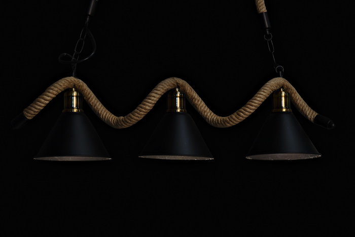 DKD Home Decor Lámpara de Techo Metal y Cuerda con 3 Bombillas, Negro y Natural