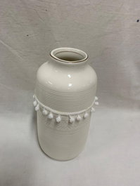 DKD Home Decor Jarrón de Gres Blanco con Pompón de Algodón