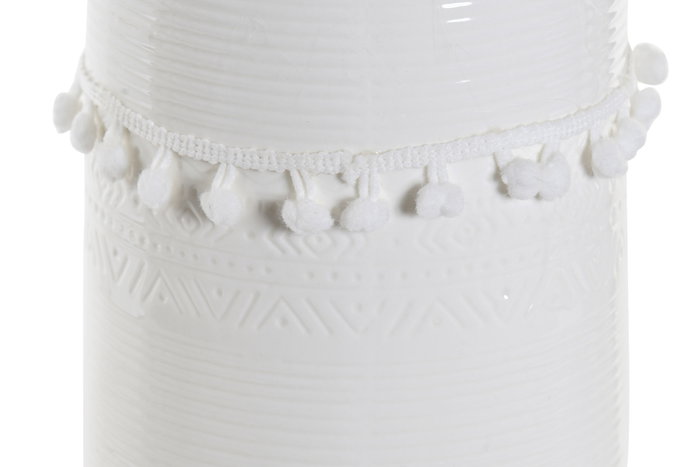 DKD Home Decor Jarrón de Gres Blanco con Pompón de Algodón