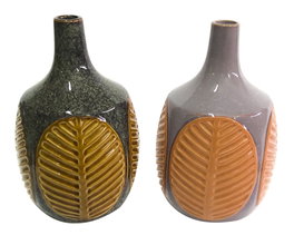 DKD Home Decor Surtido de 2 Jarrones de Gres con Diseño de Hojas, Marrón y Rosa