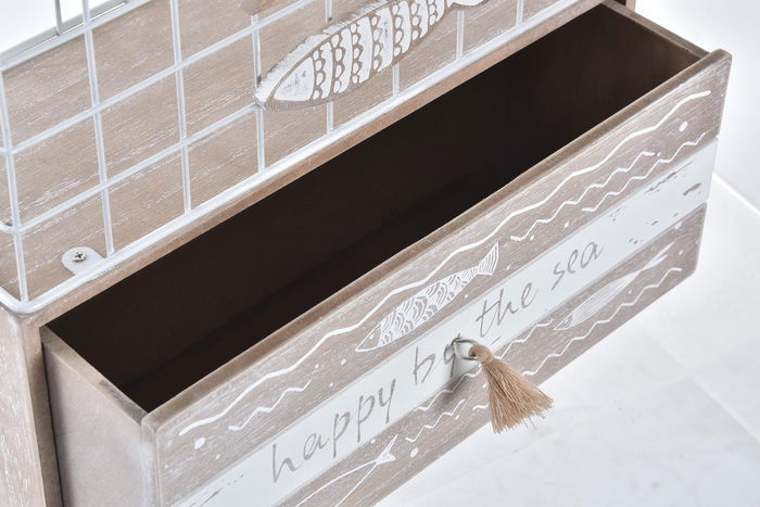 DKD Home Decor Joyero Mediterraneo Marron Blanco Madera Metal Peces 10.5 x 28.5 x 26.5 cm