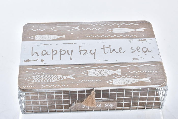 DKD Home Decor Caja Mediterraneo Pollença Madera Metal Marron Blanco 24 x 16 x 6 cm