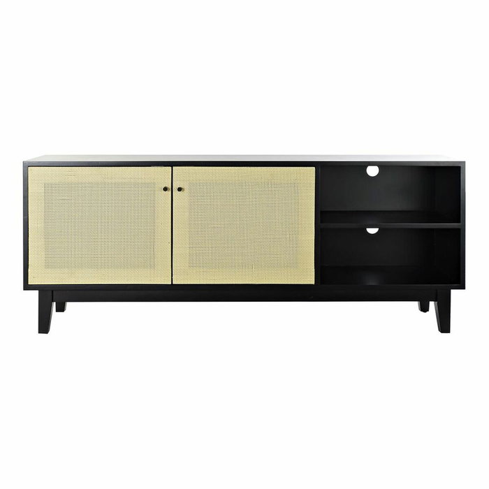 DKD Home Decor Mueble TV Abeto y Ratán Negro y Natural 160x38x65 cm