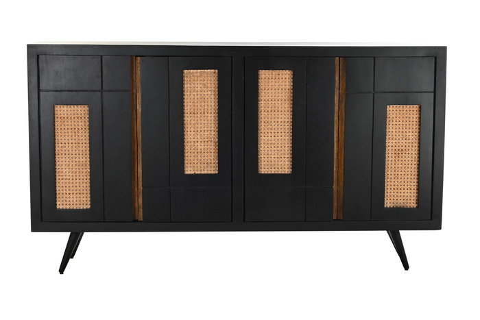 DKD Home Decor Buffet Mango Ratán Metal Negro Natural 160 x 40 x 90 cm