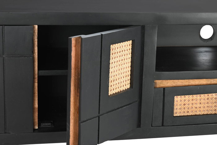 DKD Home Decor Mueble TV Negro Natural Mango Ratan 145.5 x 40.5 x 60 cm