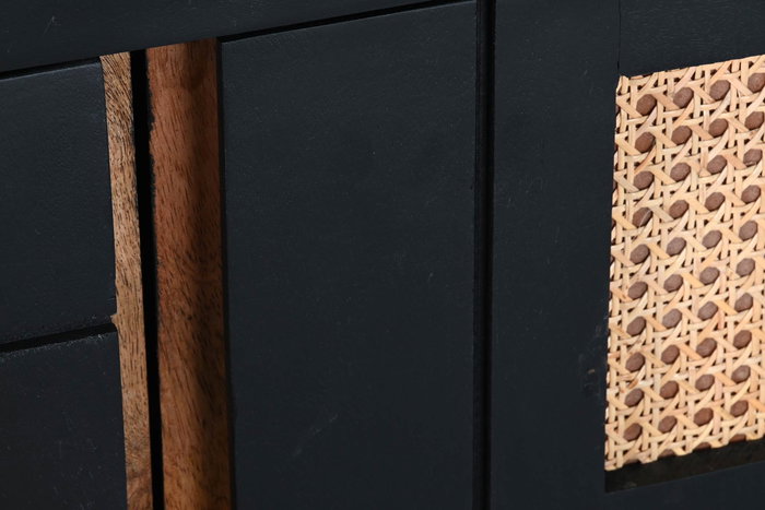 DKD Home Decor Mueble TV Negro Natural Mango Ratan 145.5 x 40.5 x 60 cm
