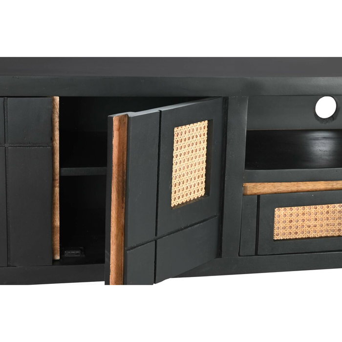 DKD Home Decor Mueble TV Mango y Ratán Negro y Natural 145,5x40,5x60 cm