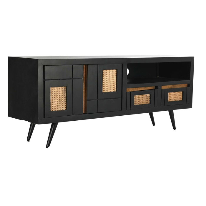 DKD Home Decor Mueble TV Mango y Ratán Negro y Natural 145,5x40,5x60 cm