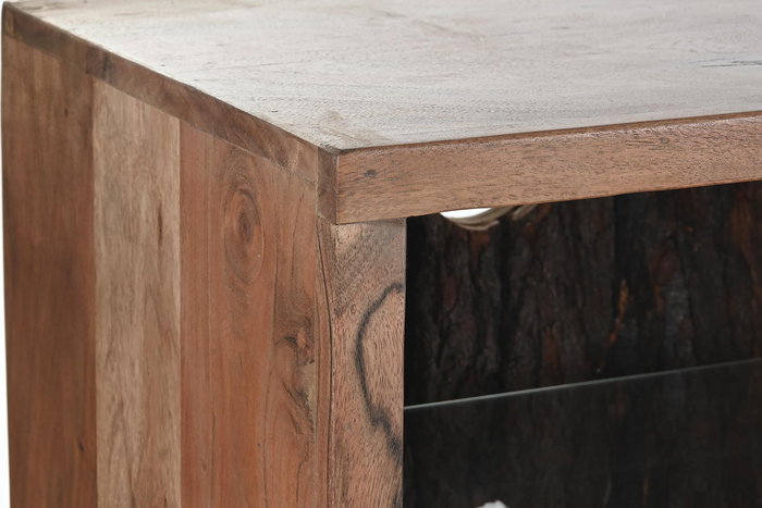 DKD Home Decor Mueble TV Colonial Marrón de Madera de Acacia y Cristal con 2 Puertas, 5 Estanterías y Luz LED 200x40x63 cm