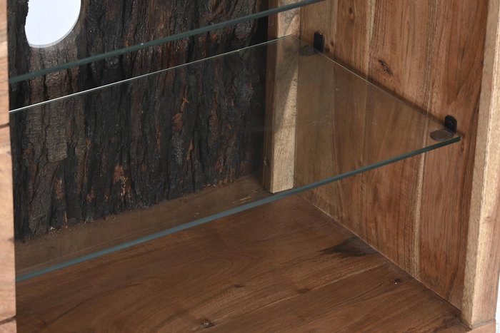 DKD Home Decor Mueble TV Colonial Marrón de Madera de Acacia y Cristal con 2 Puertas, 5 Estanterías y Luz LED 200x40x63 cm