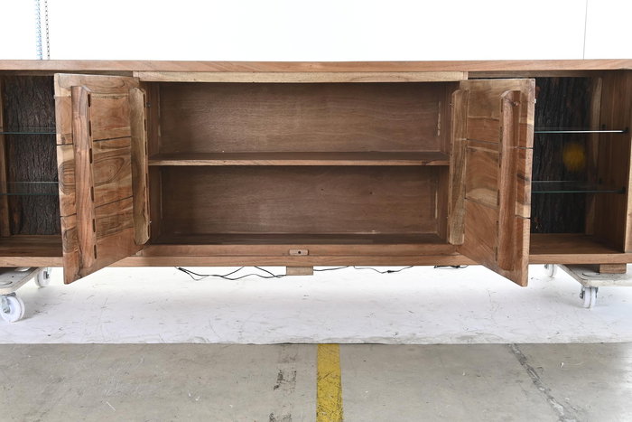 DKD Home Decor Mueble TV Colonial Marrón de Madera de Acacia y Cristal con 2 Puertas, 5 Estanterías y Luz LED 200x40x63 cm