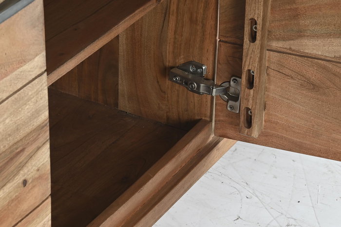 DKD Home Decor Mueble TV Colonial Marrón de Madera de Acacia y Cristal con 2 Puertas, 5 Estanterías y Luz LED 200x40x63 cm