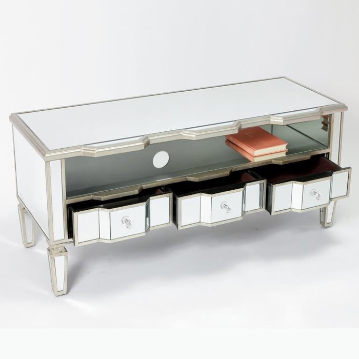 DKD Home Decor Mueble TV Glam Espejo Plateado 112 x 45 x 50 cm con 3 Cajones