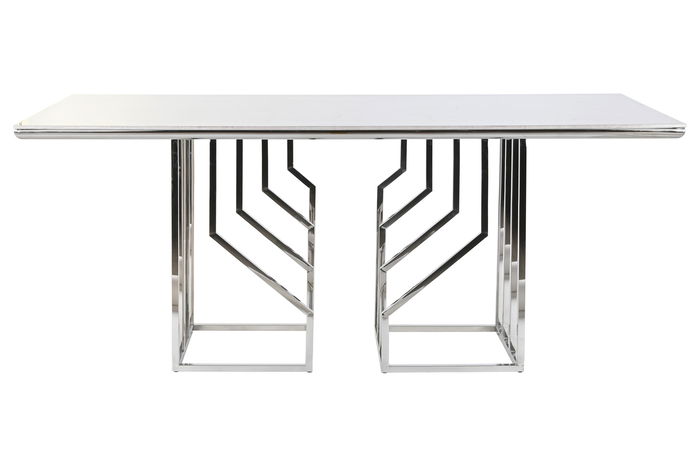 DKD Home Decor Mesa Comedor Moderno Blanco Plateado Acero Cristal 180 x 90 x 75 cm