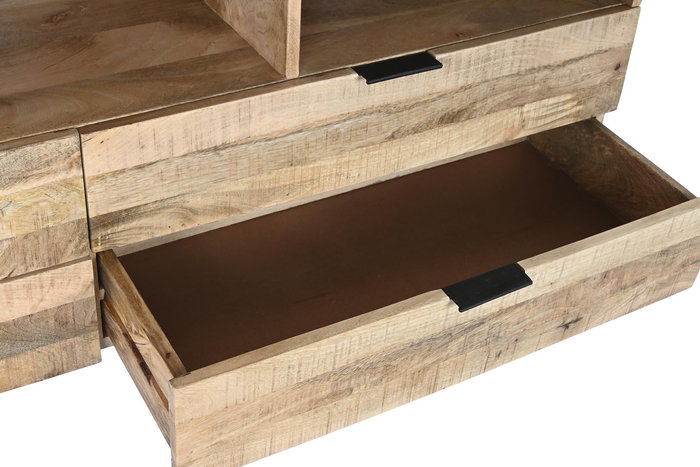 DKD Home Decor Mueble TV Alpino Natural Negro Mango y Metal 150x40x65 cm con 4 Cajones