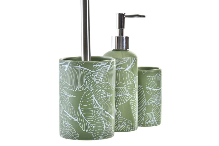 DKD Home Decor Baño Tropical Set de 3 Piezas en Dolomita y PP, Verde y Plateado, 37 cm Alto