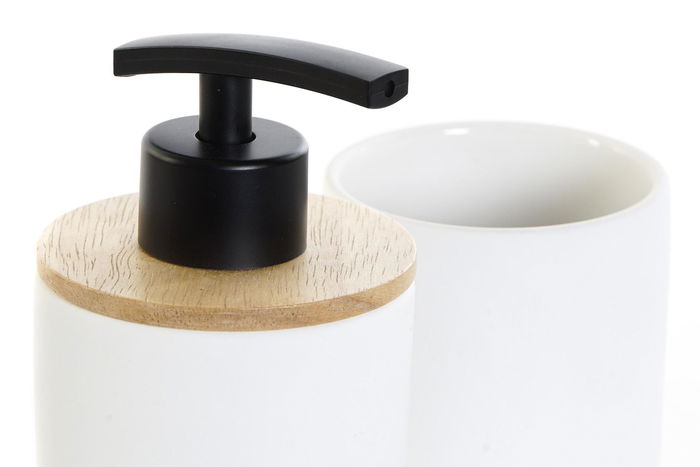 DKD Home Decor Dosificador Scandi Blanco Natural 8 x 18 x 8 cm, Set de 2 Piezas de Gres y Bambú, Diseño Nórdico, Dosificador para Jabón, Aceite o Café en Grano