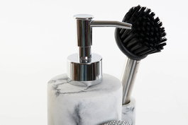 DKD Home Decor Dosificador de Jabón Moderno, 2 Unidades, Blanco Simil Mármol, 11.4 x 18.6 x 12.6 cm, Resina con Cepillo