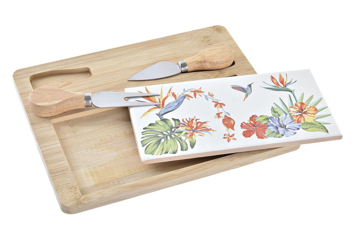 DKD Home Decor Tabla Aperitivo Tropic Garden Bambú Gres Multicolor Set de 4 20 x 1.2 x 24.5 cm