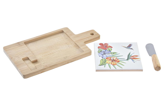 DKD Home Decor Tropic garden Tabla Aperitivo Bambú Gres Multicolor Natural Set 3 Piezas 21.5 x 11.8 x 1.5 cm