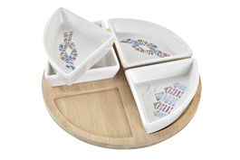 DKD Home Decor Salitre Aperitivo Mediterraneo Set de 5 Piezas Gres y Bambu Azul Natural 21.5 x 21.5 x 1 cm