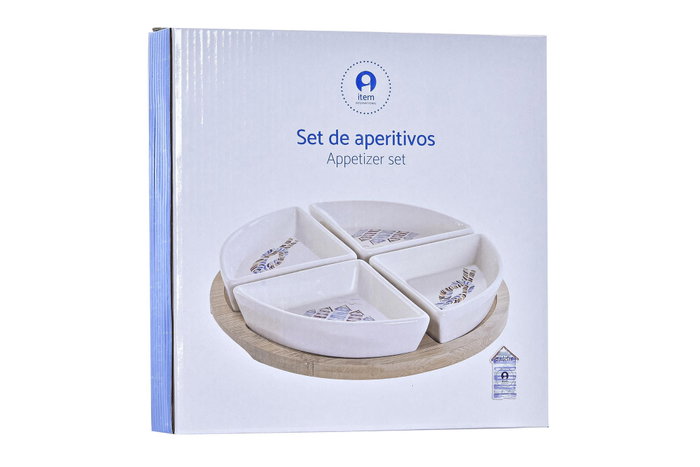 DKD Home Decor Set de Aperitivo Salitre 5 Piezas de Gres y Bambú Azul y Natural