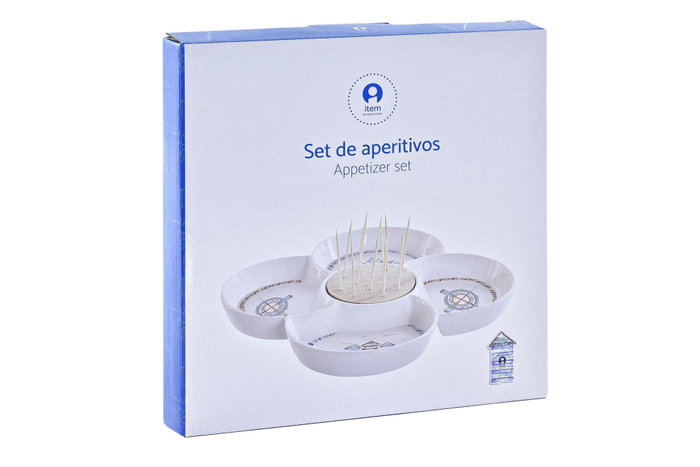 DKD Home Decor Bandeja de Aperitivo Salitre de Gres y Bambú, Azul y Natural, 25x25x10 cm