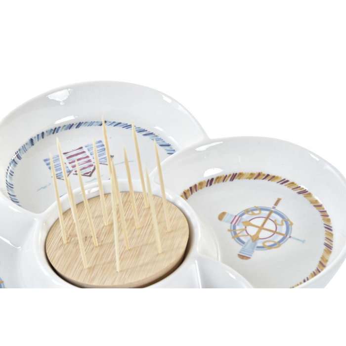 DKD Home Decor Bandeja de Aperitivo Salitre de Gres y Bambú, Azul y Natural, 25x25x10 cm