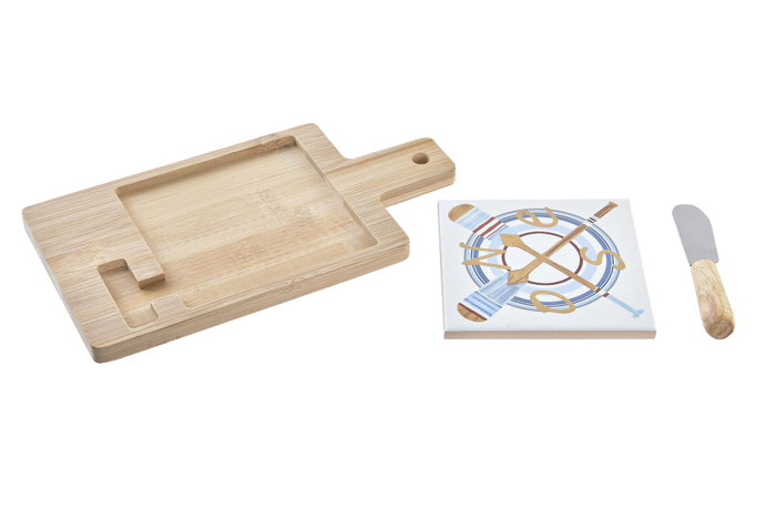 DKD Home Decor Tabla Aperitivo Mediterraneo Azul Natural Bambu Gres Inox Set 3 Piezas 11.8 x 1.5 x 21.5 cm