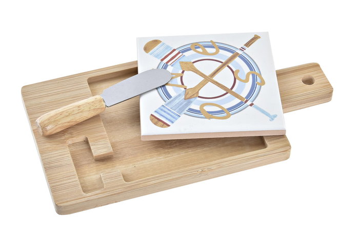 DKD Home Decor Tabla Aperitivo Mediterraneo Azul Natural Bambu Gres Inox Set 3 Piezas 11.8 x 1.5 x 21.5 cm