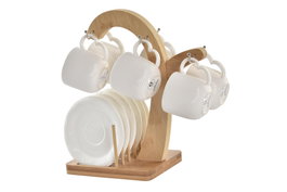 DKD Home Decor Set de 6 Tazas de Porcelana y Bambú, Blancas y Naturales, 90ml Capacidad, 12 x 25 x 26 cm