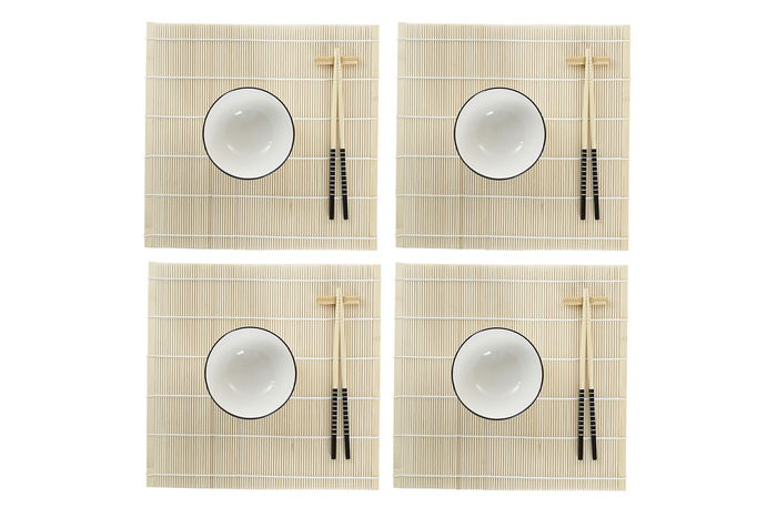 DKD Home Decor Set 16 Piezas Bambú Gres Blanco Negro Sushi Oriental 14.5 x 14.5 x 31 cm