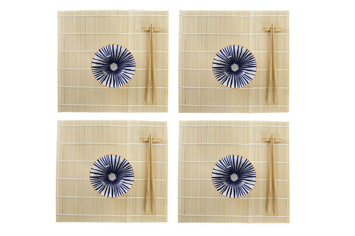 DKD Home Decor Set de 16 Piezas Sushi Oriental Gres y Bambú Azul Blanco Verde Naranja 14.5 x 14.5 x 31 cm