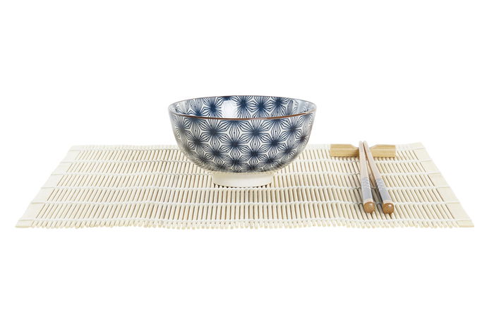 DKD Home Decor Set de 16 Piezas Sushi Oriental Gres y Bambú Azul Blanco 14.5 x 14.5 x 31 cm