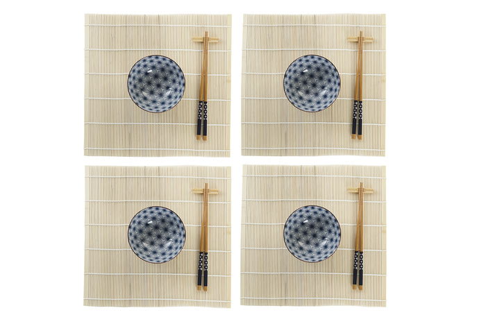 DKD Home Decor Set de 16 Piezas Sushi Oriental Gres y Bambú Azul Blanco 14.5 x 14.5 x 31 cm