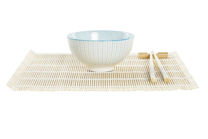 DKD Home Decor Set 16 Piezas Sushi Azul Blanco Gres Bambú 14.5 x 14.5 x 31 cm Apto Microondas y Lavavajillas