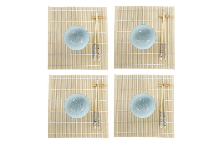 DKD Home Decor Set 16 Piezas Sushi Azul Blanco Gres Bambú 14.5 x 14.5 x 31 cm Apto Microondas y Lavavajillas
