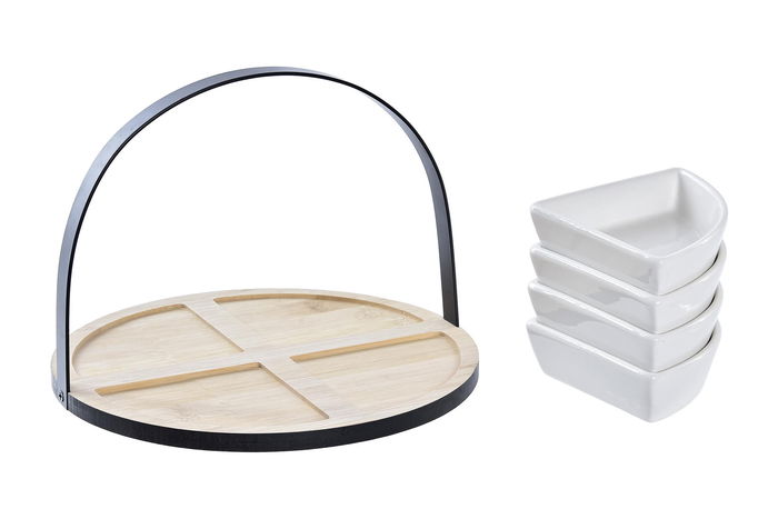 DKD Home Decor Tabla Aperitivo Gres Bambu Metal Negro Natural 21.5 x 14 x 21.5 cm Set de 5