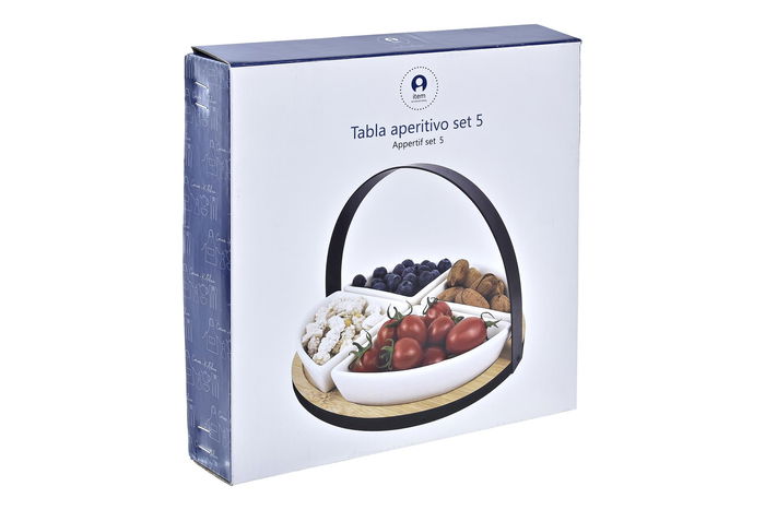 DKD Home Decor Tabla Aperitivo Gres Bambu Metal Negro Natural 21.5 x 14 x 21.5 cm Set de 5