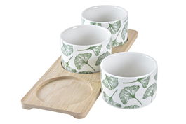DKD Home Decor Tabla Aperitivo Tropical Gres Bambu Verde Blanco Natural Hojas Set 4 28 x 1.5 x 9.7 cm
