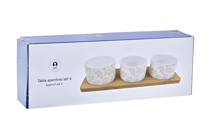 DKD Home Decor Tabla Aperitivo Tropical Gres Bambu Verde Blanco Natural Hojas Set 4 28 x 1.5 x 9.7 cm