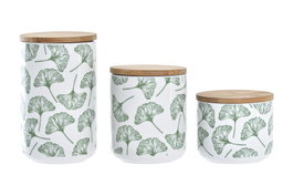 DKD Home Decor Bote Tropical Set de 3 Gres Bambu Verde Blanco Natural 10 x 17 x 10 cm