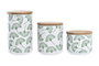 DKD Home Decor Bote Tropical Set de 3 Gres Bambu Verde Blanco Natural 10 x 17 x 10 cm