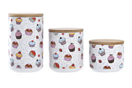 DKD Home Decor Bote Gres y Bambú Multicolor Natural Blanco Set 3 Piezas 10 x 10 x 17 cm