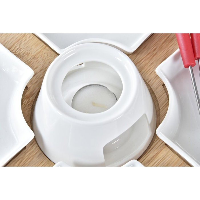DKD Home Decor Set de Fondue de Gres y Bambú Rojo y Blanco