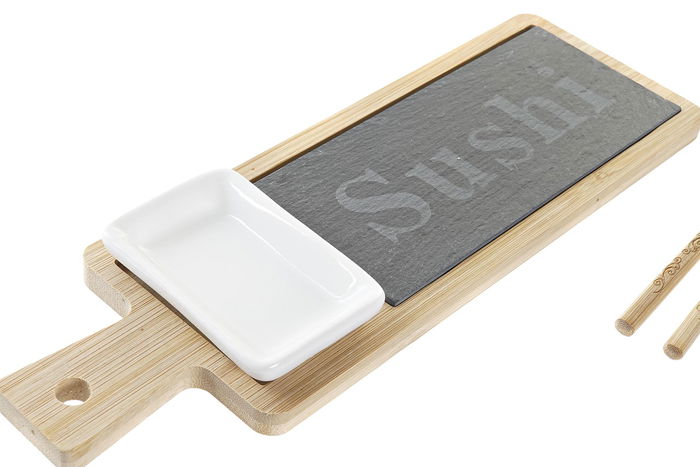 DKD Home Decor Set de 6 Piezas Bandejas Sushi Bambú y Pizarra Natural Negro 9 x 2 x 28 cm