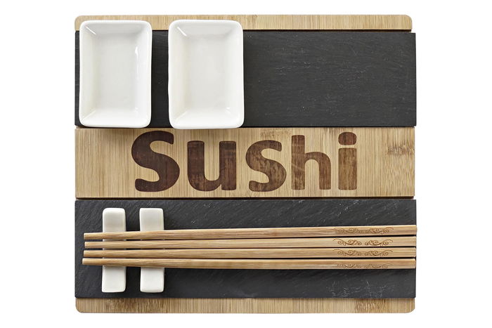 DKD Home Decor Set de 7 Piezas Sushi Oriental Bambú Pizarra Natural Negro 22 x 3 x 25 cm