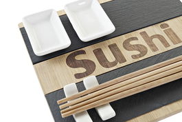 DKD Home Decor Set de 7 Piezas Sushi Oriental Bambú Pizarra Natural Negro 22 x 3 x 25 cm