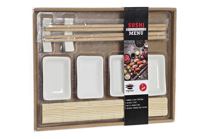 DKD Home Decor Set de 9 Piezas Sushi Oriental Bambú Pizarra Natural Negro Blanco 22 x 28 x 2.5 cm